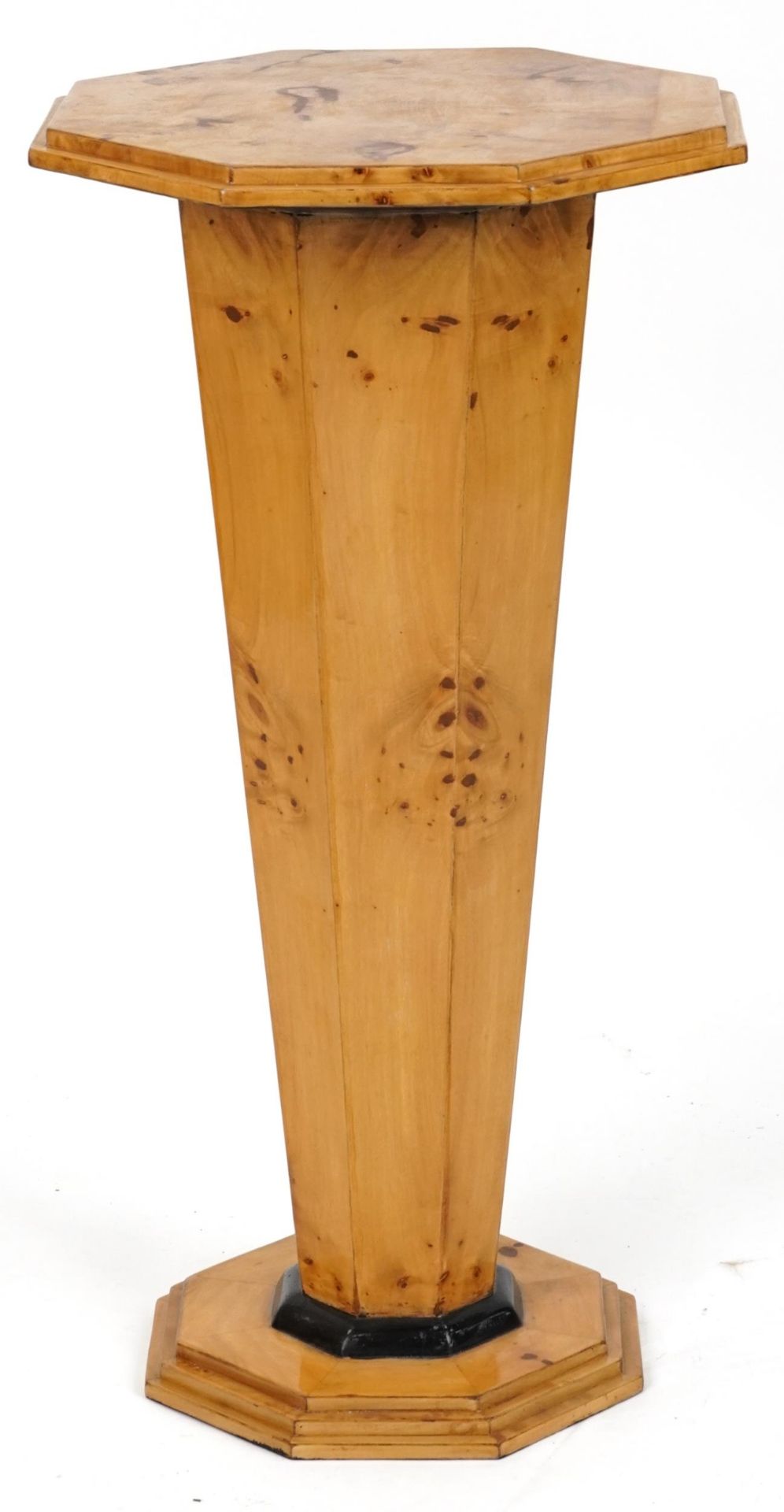 Art Deco style octagonal bird's eye maple effect pedestal with tapering column, 78.5cm high