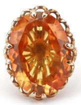 Large 9ct gold orange sapphire ring, the sapphire approximately 20.70mm x 15.40mm x 6.20mm deep,