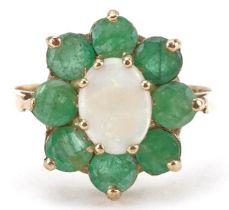 9ct gold emerald and opal flower head ring, size N, 2.5g