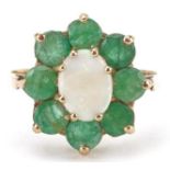 9ct gold emerald and opal flower head ring, size N, 2.5g