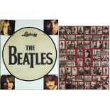 Collection of vintage The Beatles trade cards and a Ludwig Beatles bass drum cover, each framed