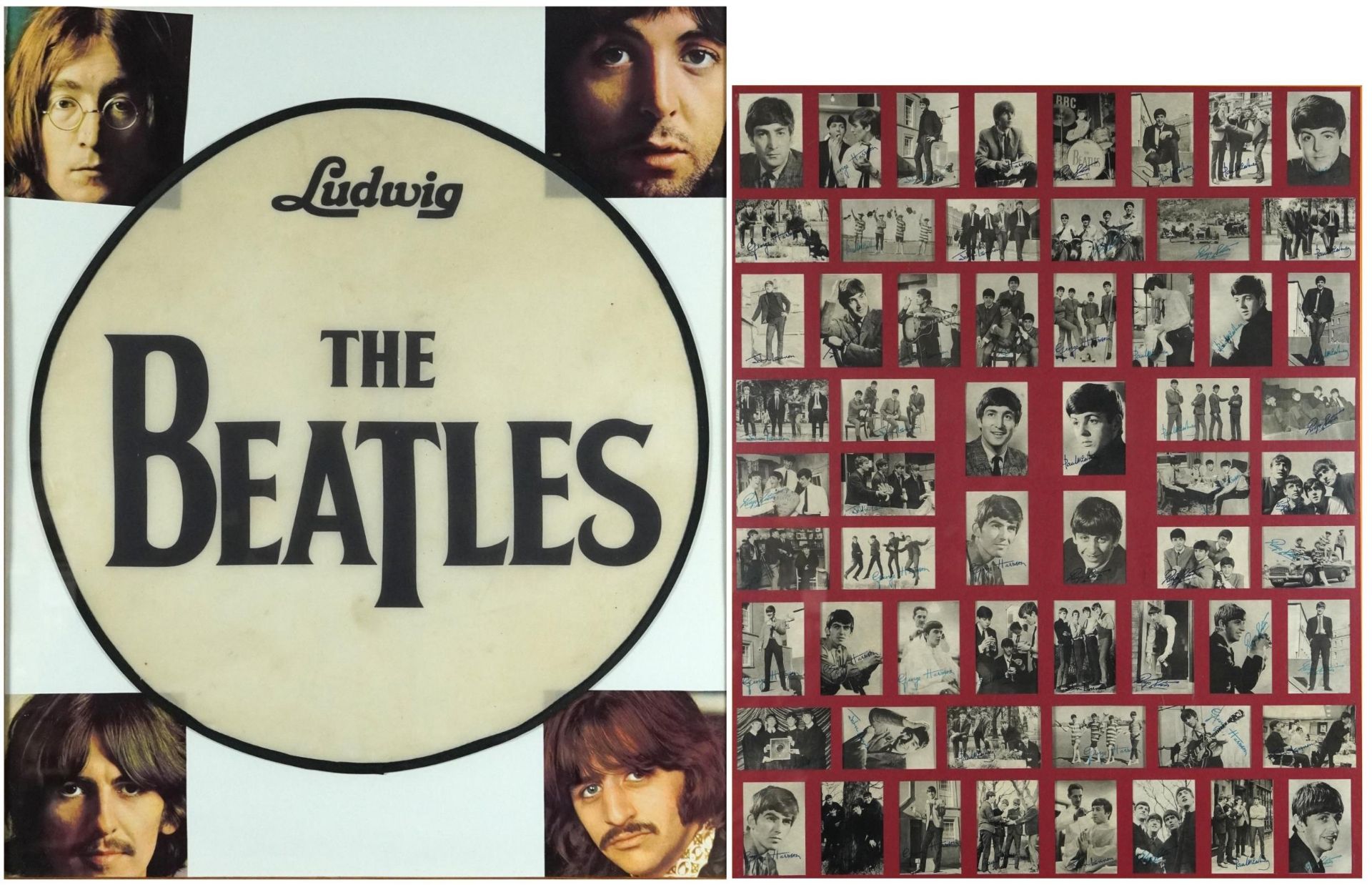 Collection of vintage The Beatles trade cards and a Ludwig Beatles bass drum cover, each framed