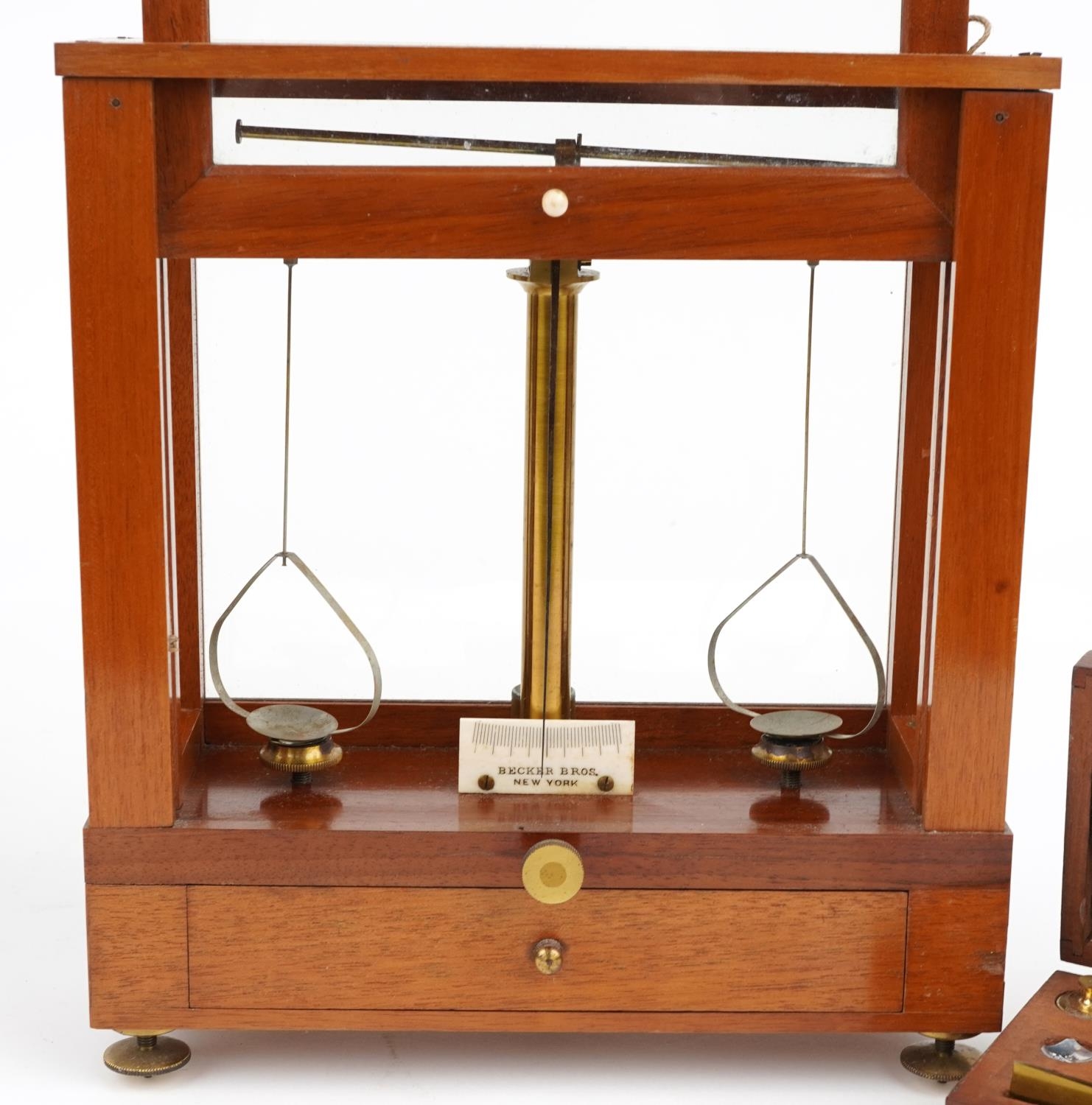 Becker Bros of New York, mahogany cased balance scales with mahogany travel case and set of brass - Image 3 of 6