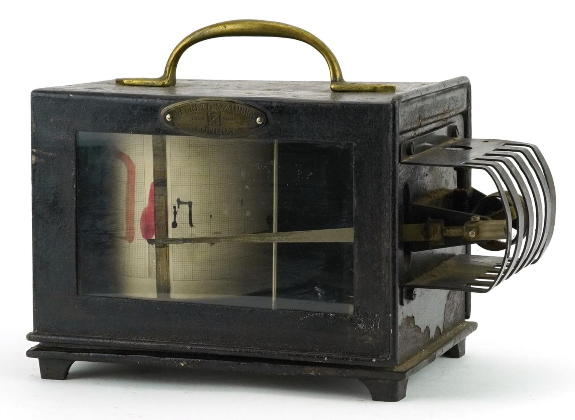 Negretti & Zambra barograph housed in a metal case with glass panel, 25.5cm wide