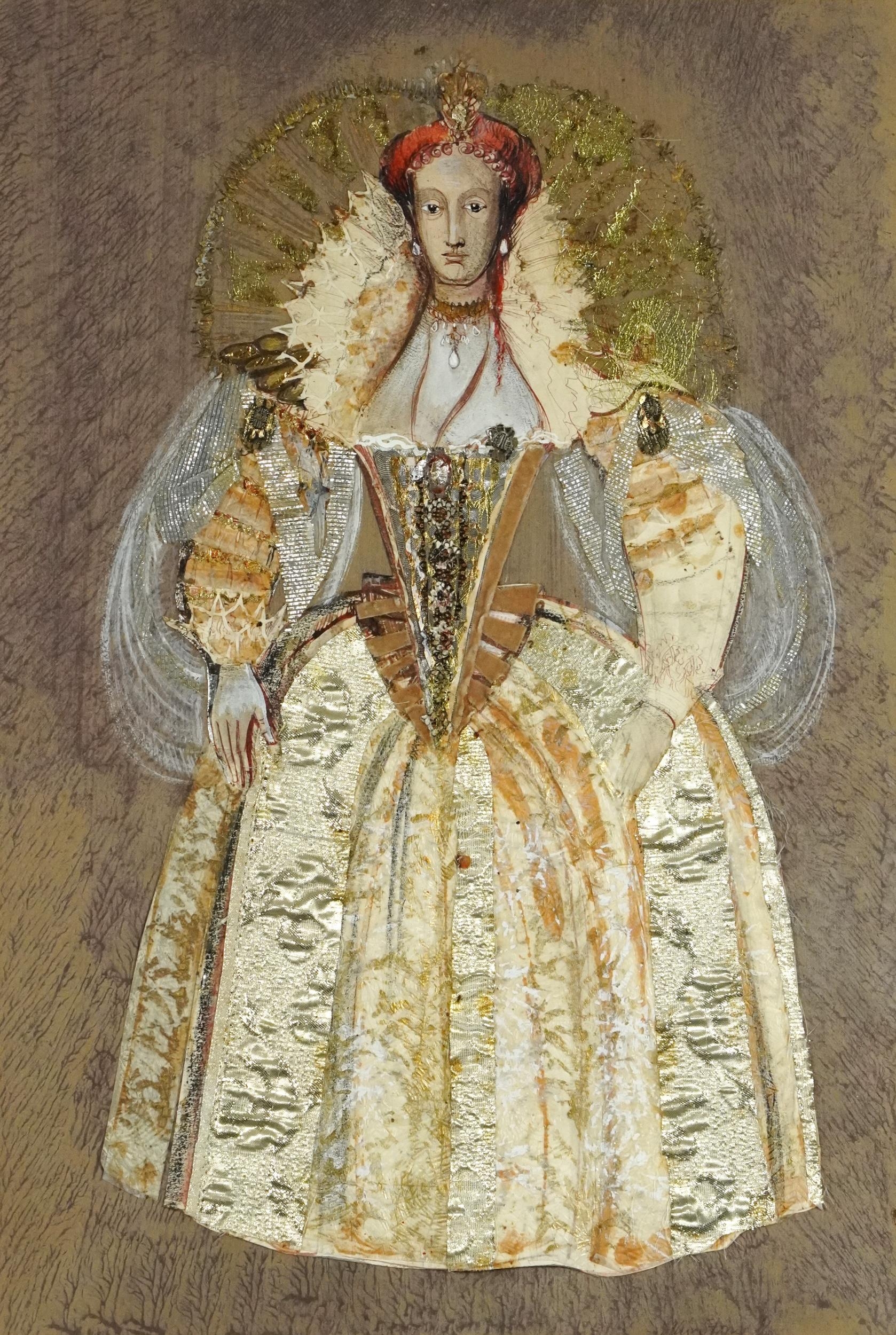 Alex Stone - Full length portrait of Elizabeth I in costume, ink, watercolour and mixed media,