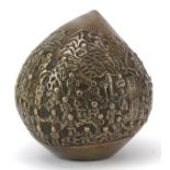 Chinese bronze paperweight in the form of a peach cast in relief with a continuous and of figures,