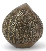 Chinese bronze paperweight in the form of a peach cast in relief with a continuous and of figures,