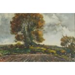 Gough - Harvest scene, Elms near Raglan, Impressionist oil on board, mounted and framed, 44cm x 29cm