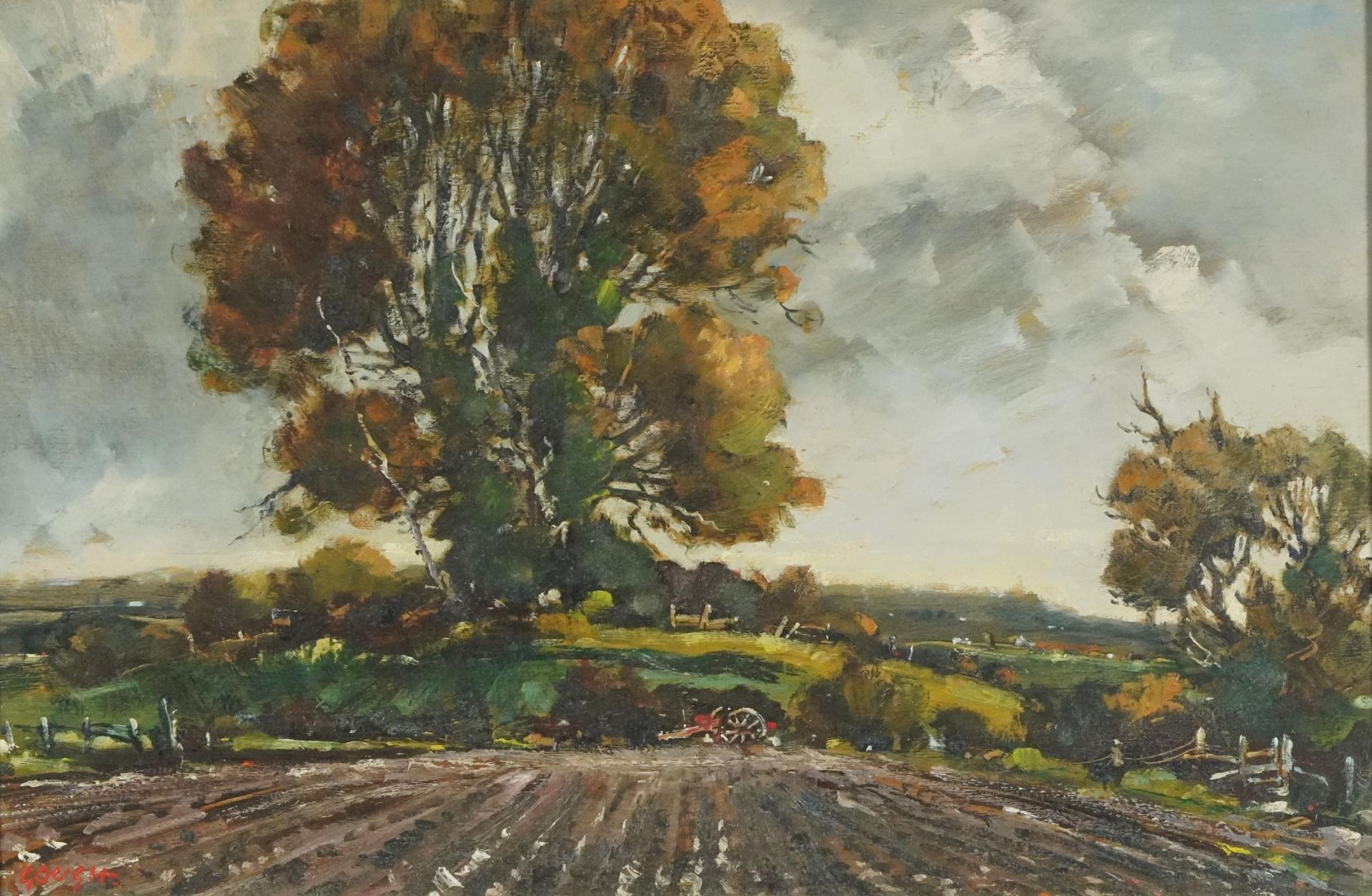 Gough - Harvest scene, Elms near Raglan, Impressionist oil on board, mounted and framed, 44cm x 29cm
