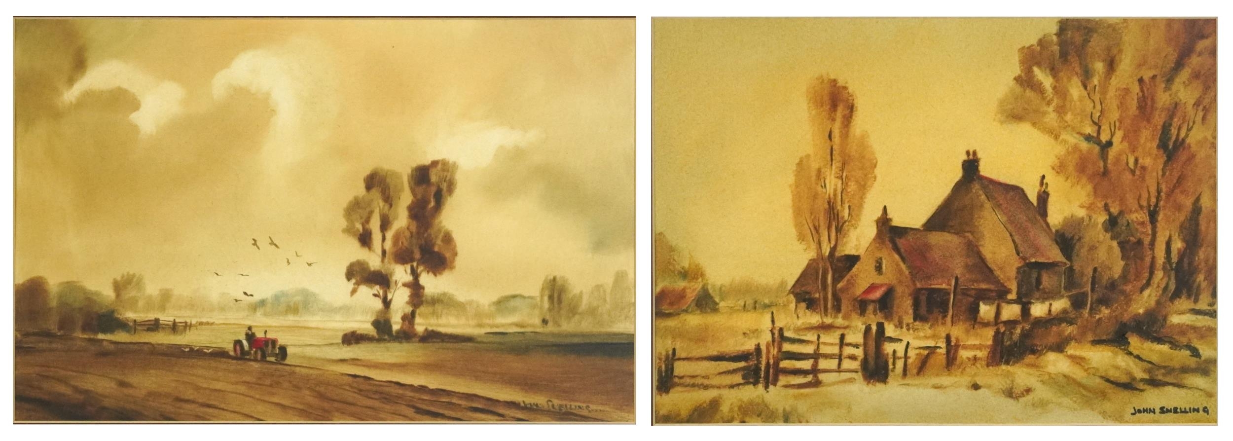 John Snelling - Farmland and farm buildings and Stockman's cottage and evening ploughing, two