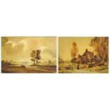 John Snelling - Farmland and farm buildings and Stockman's cottage and evening ploughing, two