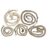 Four silver watch chains, three with T bars, the largest 58cm in length, total 169.5g