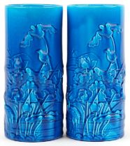 Pair of European aesthetic blue glazed cylindrical simulated bamboo vases in the Chinese style