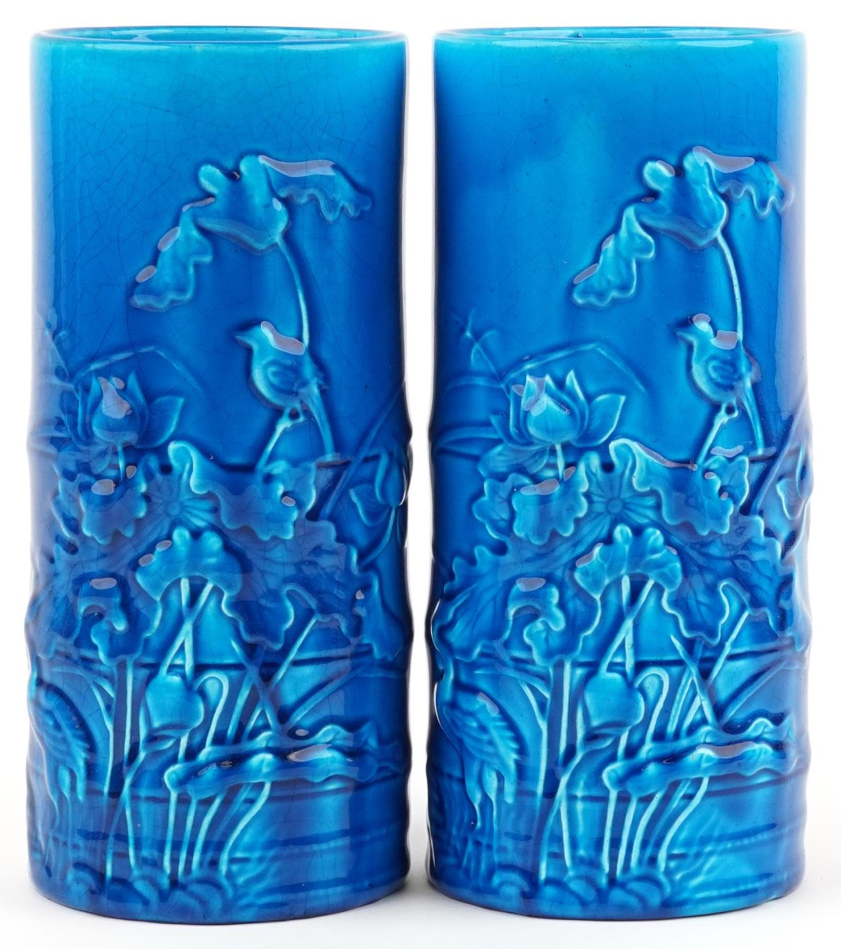 Pair of European aesthetic blue glazed cylindrical simulated bamboo vases in the Chinese style