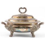 Good quality Victorian silver plated soup tureen and cover with twin handles on lion paw feet,
