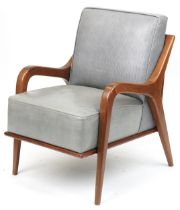 Scandinavian design hardwood lounge chair having a bluish grey upholstered back and seat, 86cm H x