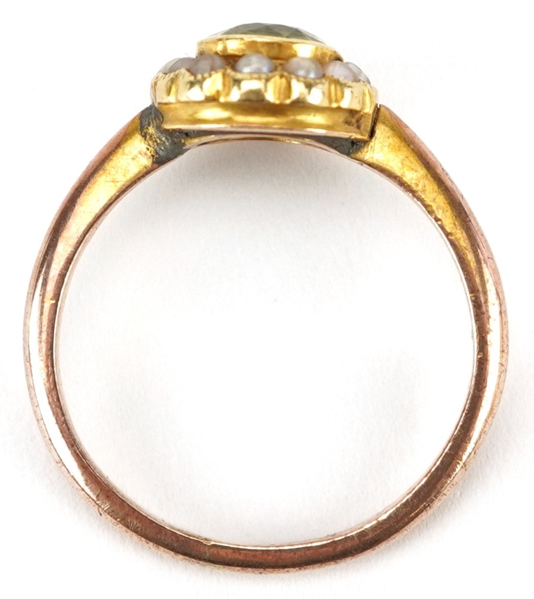 Gold peridot and seed pearl cluster ring, indistinct marks, tests as 15ct gold, the peridot - Image 3 of 3
