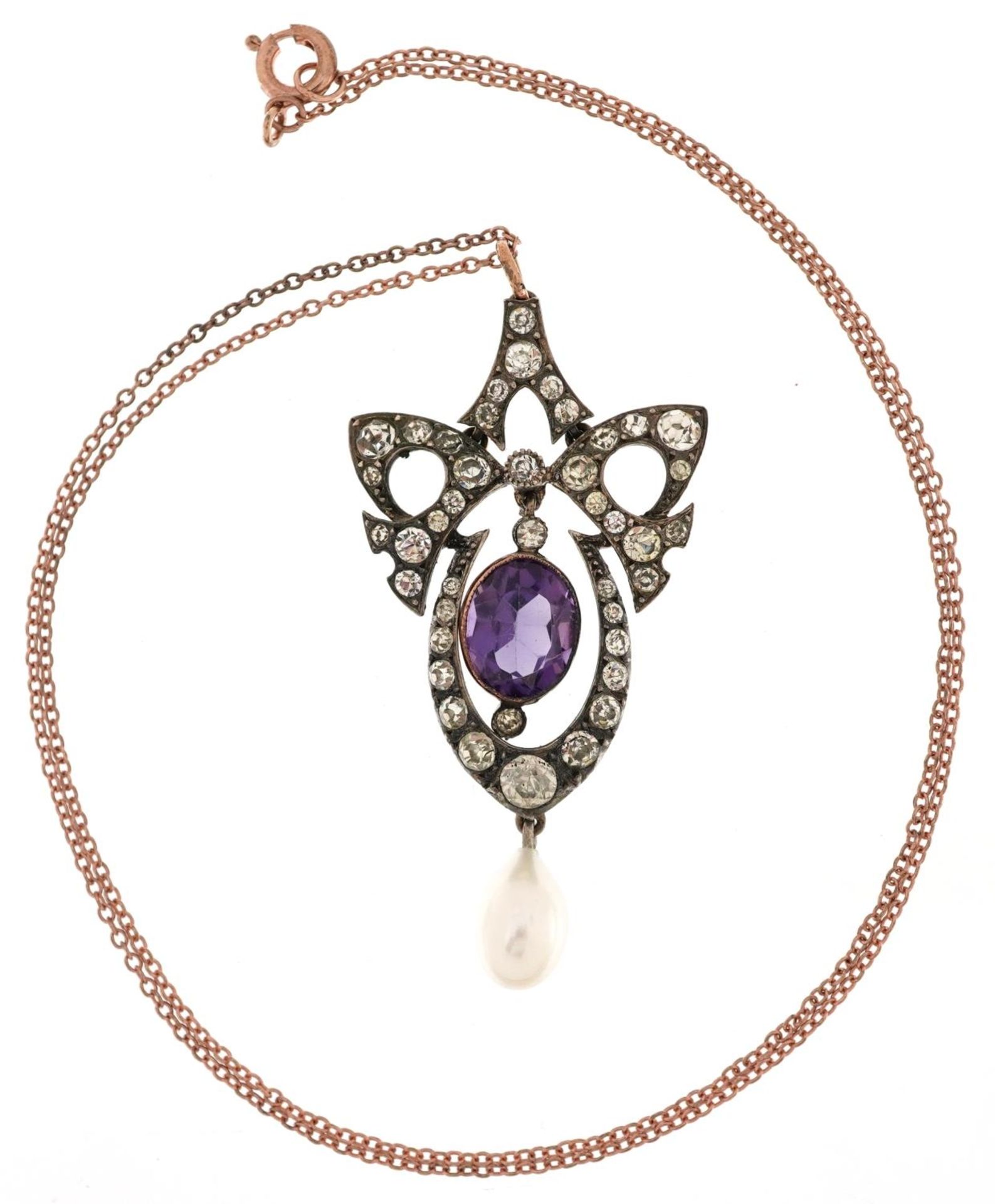 Art Nouveau style silver purple and clear paste openwork pendant with cultured pearl drop on a - Image 2 of 4