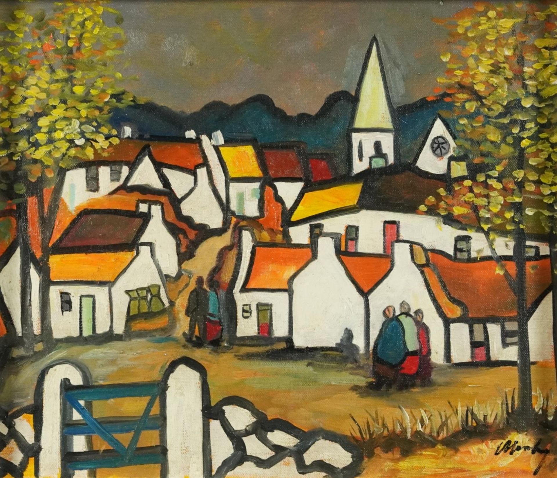 Manner of Markey Robinson - Figures before cottages, Irish school oil on board, framed, 35cm x