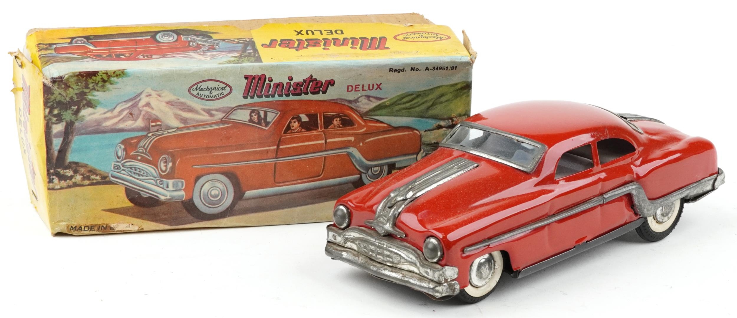 Vintage Minister Delux tinplate mechanical automatic car with box