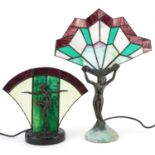 Two bronzed and leaded glass figural table lamps, each mounted with a nude or semi nude Art Deco