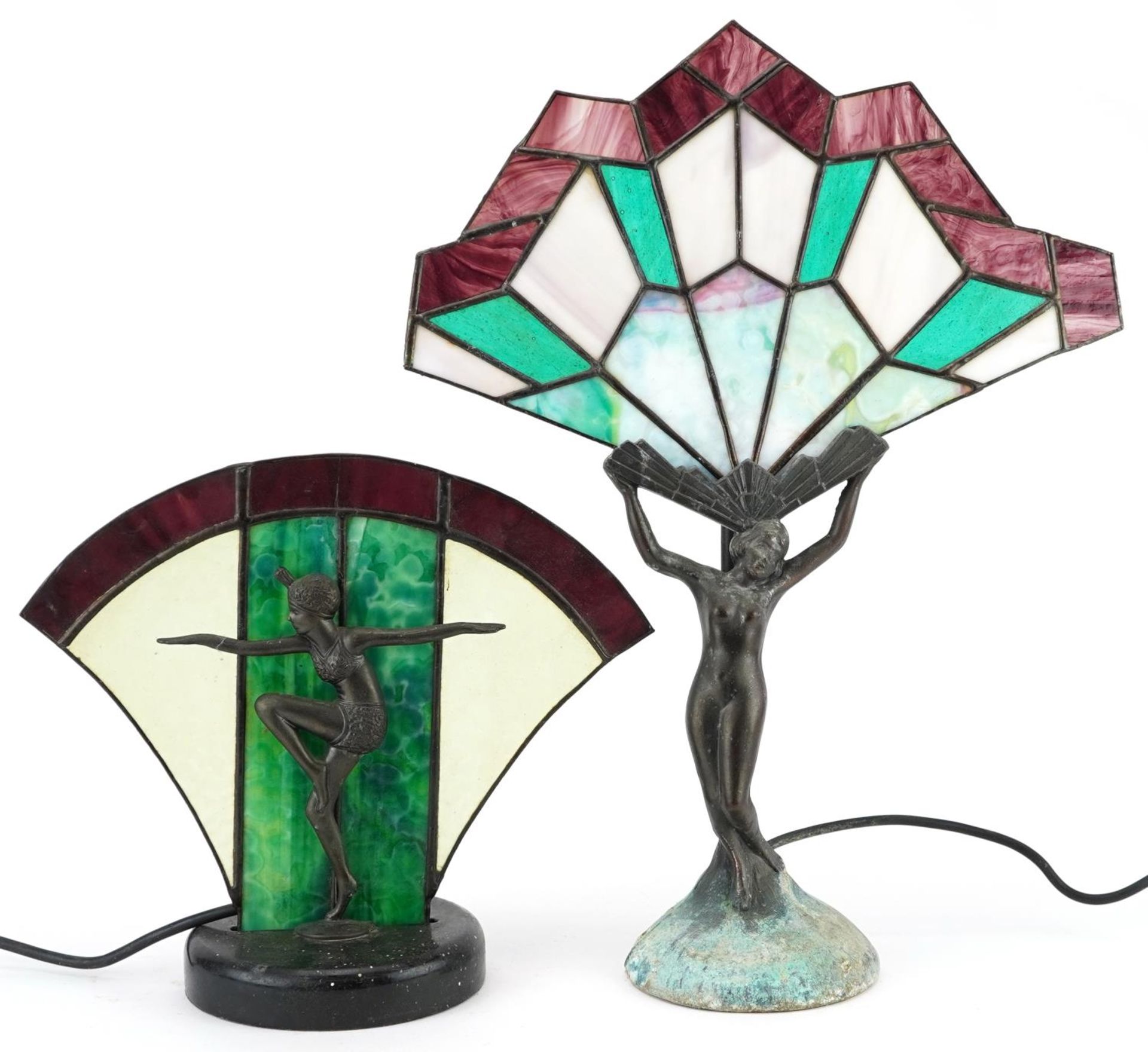 Two bronzed and leaded glass figural table lamps, each mounted with a nude or semi nude Art Deco