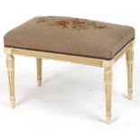 French style cream painted stool with reeded columns and floral upholstered cushion seat, 44cm H x