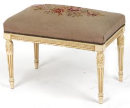 French style cream painted stool with reeded columns and floral upholstered cushion seat, 44cm H x