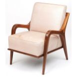 Scandinavian design hardwood lounge chair having a cream upholstered back and seat, 86cm H x 62.