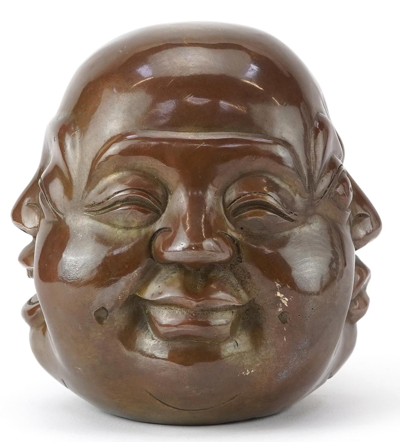 Chinese patinated bronze four face Buddha paperweight, character marks to the base, 12cm high - Image 3 of 8