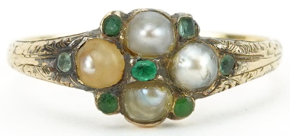 Antique 9ct gold emerald and pearl cluster ring with engraved shoulders, size M, 1.9g