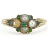 Antique 9ct gold emerald and pearl cluster ring with engraved shoulders, size M, 1.9g