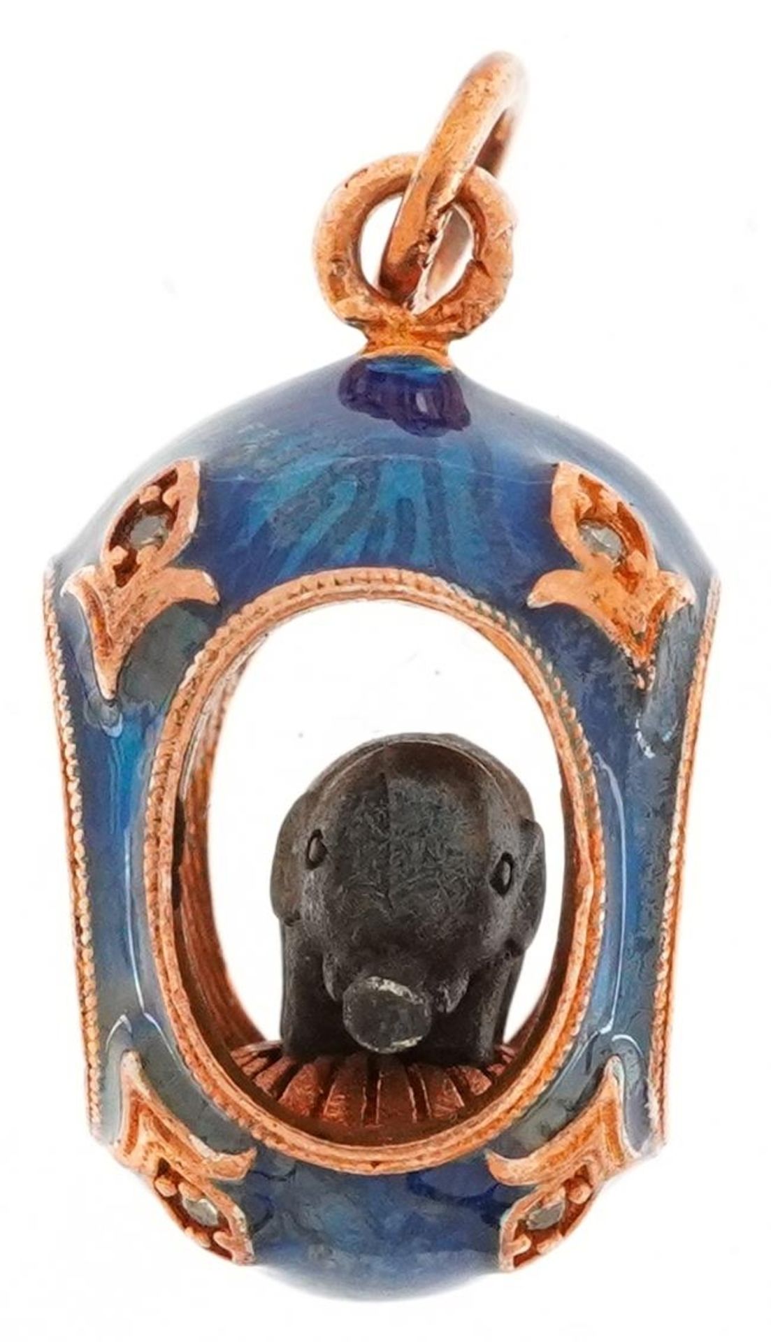 14ct gold and guilloche enamel pendant in the form of an elephant in an egg, set with clear - Image 2 of 4