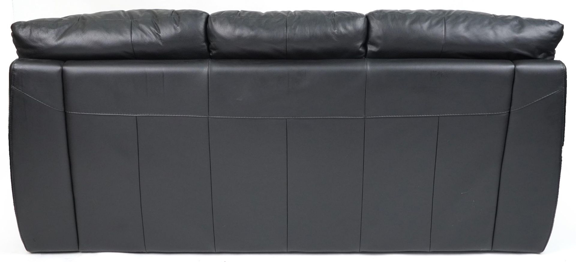 Contemporary three seater settee with black leather upholstery and footstool, the settee 90cm H x - Image 3 of 6