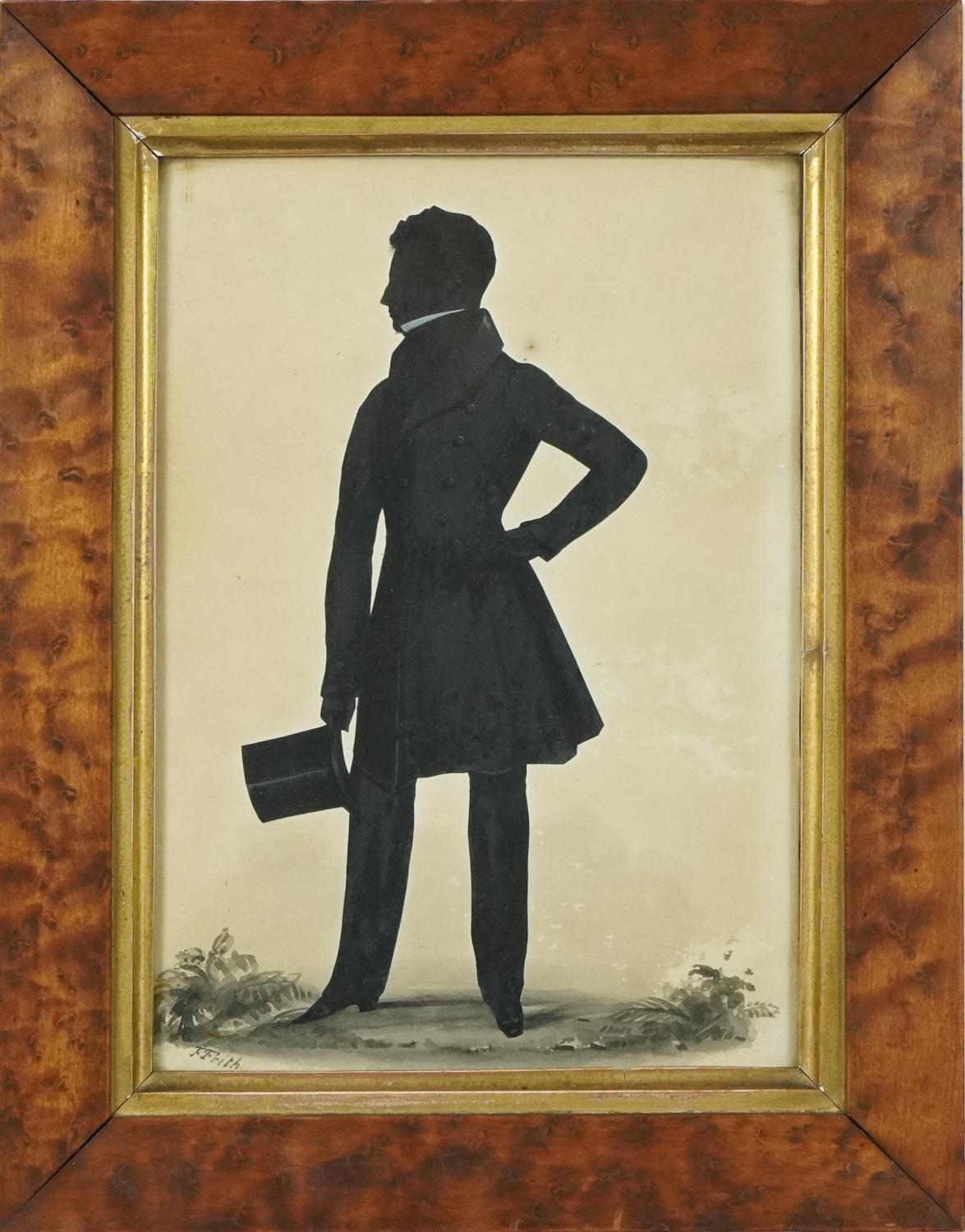 Frederick Frith - Portrait of a gentleman holding a top hat, Georgian silhouette watercolour, - Image 2 of 4