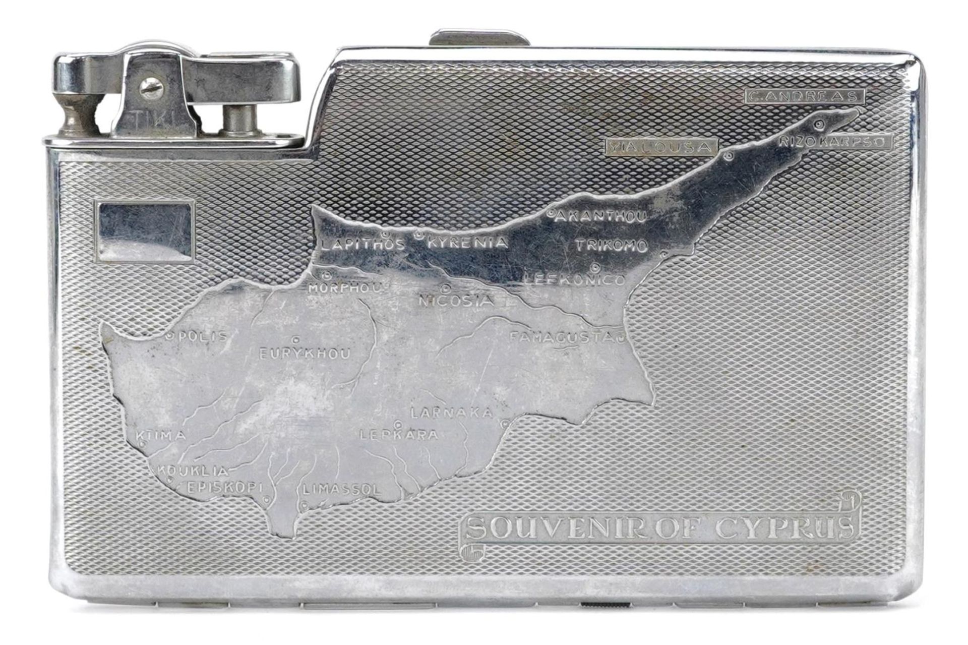 Vintage cigarette case lighter engraved with a map of Cyprus, 13cm wide