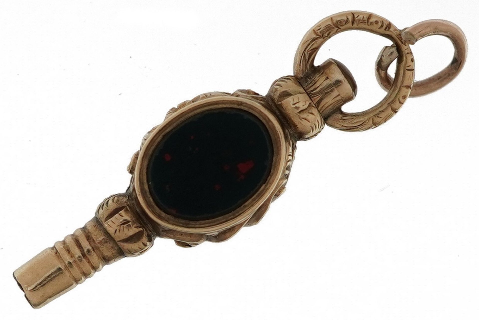 Victorian yellow metal watch key set with bloodstone and citrine, 2.5cm high, 1.8g - Image 2 of 2