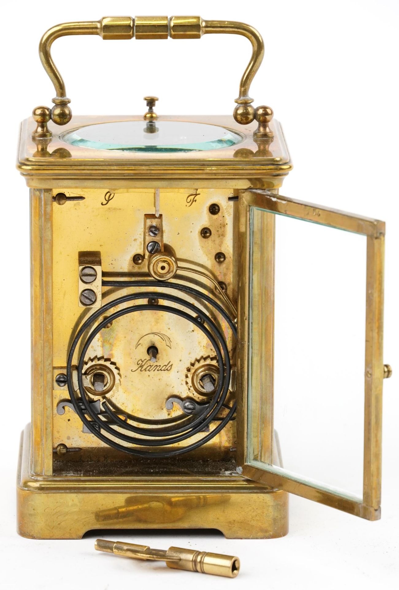 Large French brass cased repeating carriage clock striking on a gong with enamelled dial having - Image 4 of 6