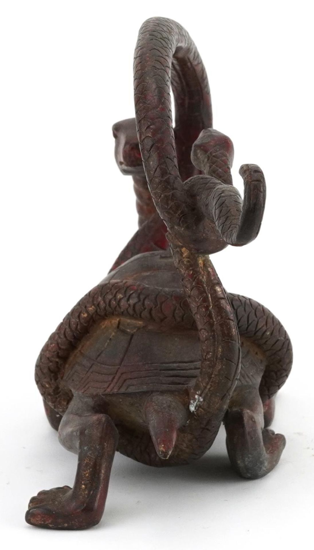 Chinese partially gilt and red lacquered bronze of a mythical tortoise and serpent, 26cm in length - Image 3 of 7