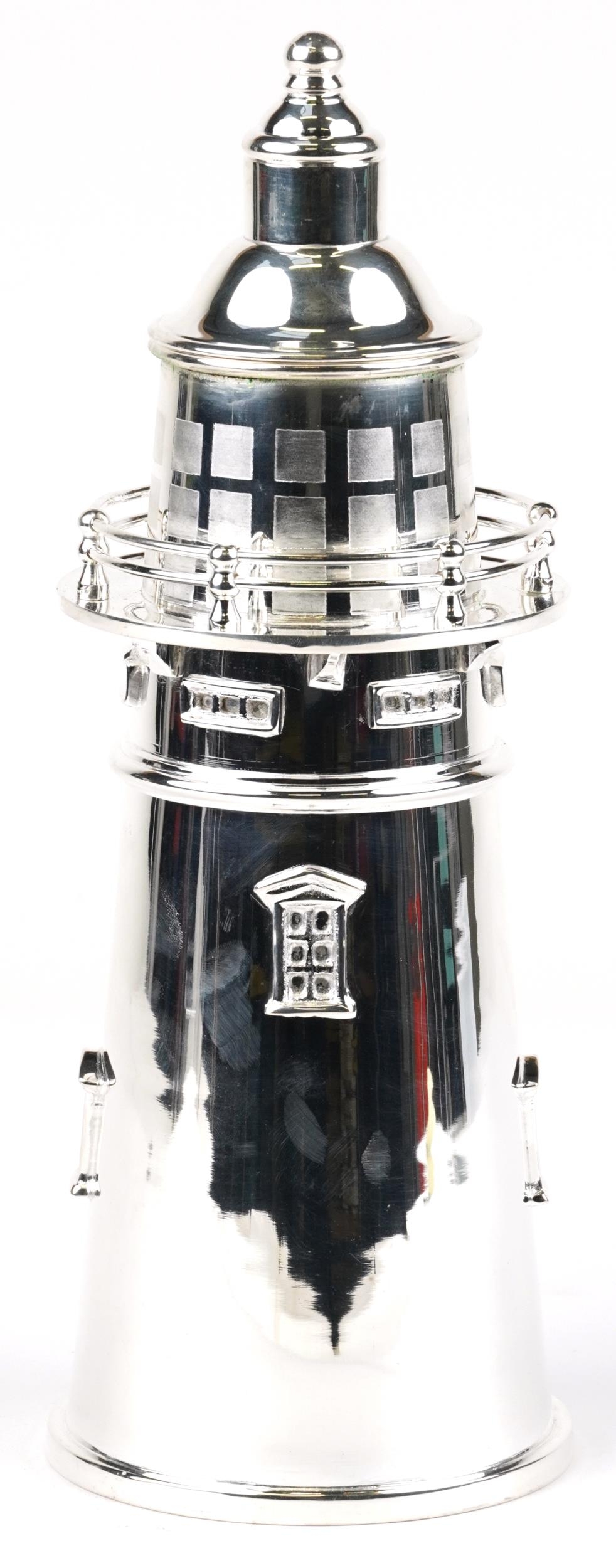 Art Deco style silver plated cocktail shaker in the form of a lighthouse, 35cm high