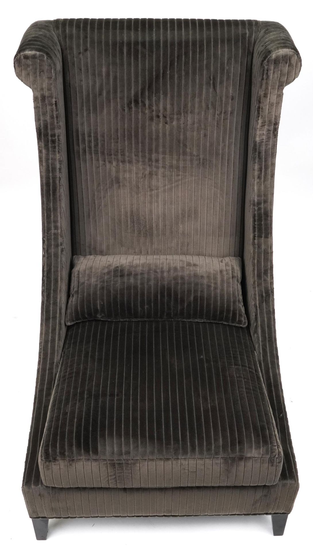 Contemporary dark olive green upholstered throne lounge chair with ebonised legs and cushion, - Image 3 of 4