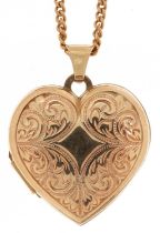 9ct gold floral engraved love heart locket on a 9ct gold necklace, 2.7cm high and 40cm in length,