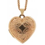 9ct gold floral engraved love heart locket on a 9ct gold necklace, 2.7cm high and 40cm in length,