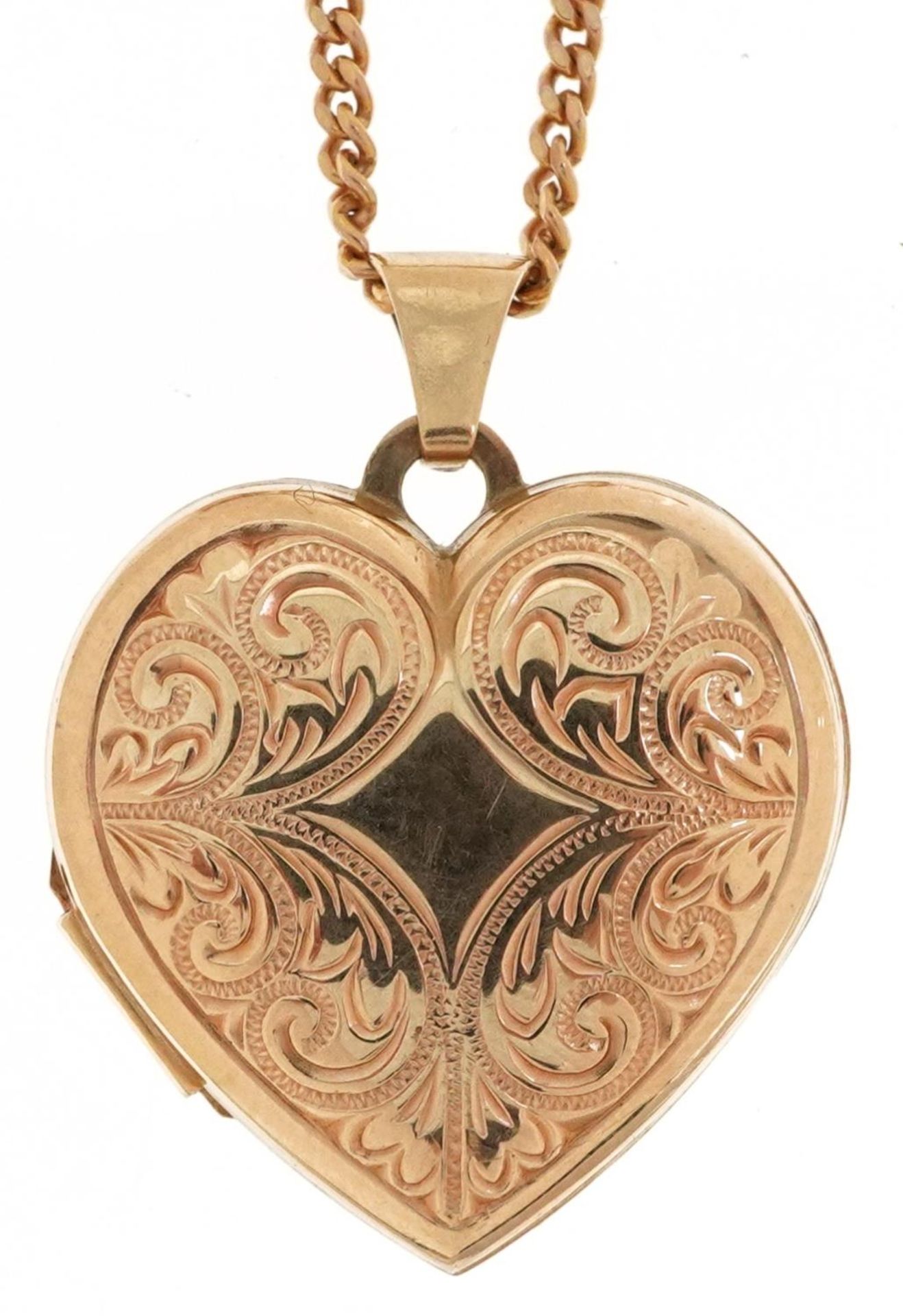 9ct gold floral engraved love heart locket on a 9ct gold necklace, 2.7cm high and 40cm in length,