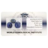 Three oval blue sapphire cabochons with certificate, total sapphire weight approximately 21.84 carat