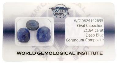 Three oval blue sapphire cabochons with certificate, total sapphire weight approximately 21.84 carat