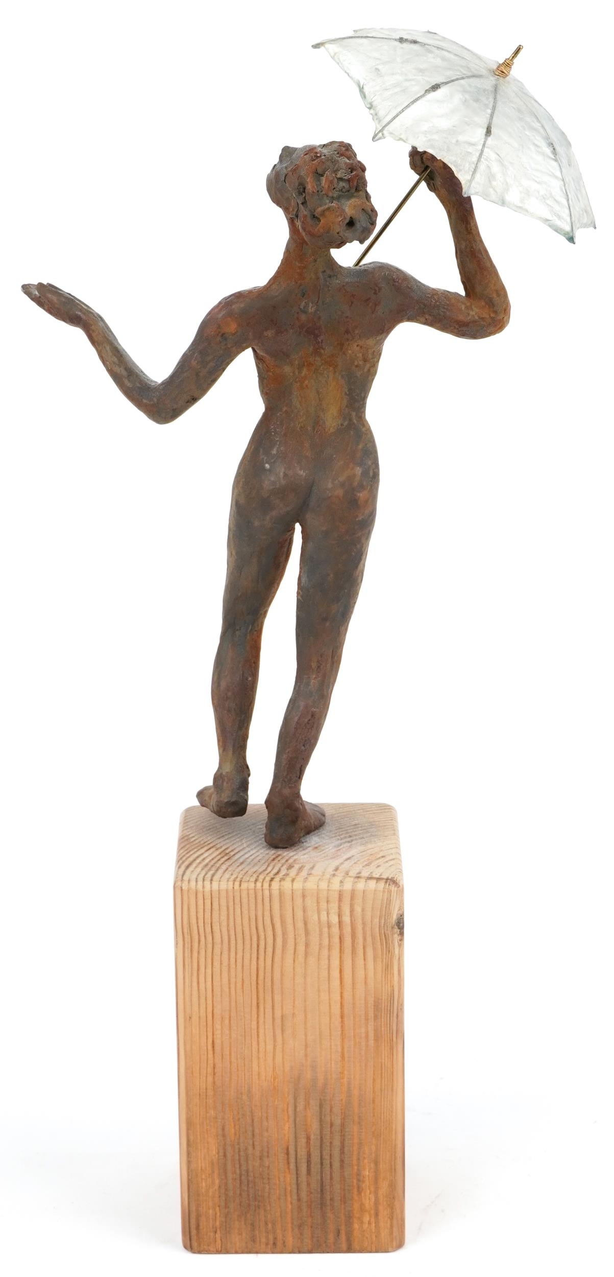 Neil Wilkinson, contemporary Brutalist cast resin sculpture of a nude female holding an umbrella - Image 3 of 4