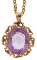 Modernist 9ct gold amethyst pendant with pierced flower head setting on a gold plated necklace, 2.