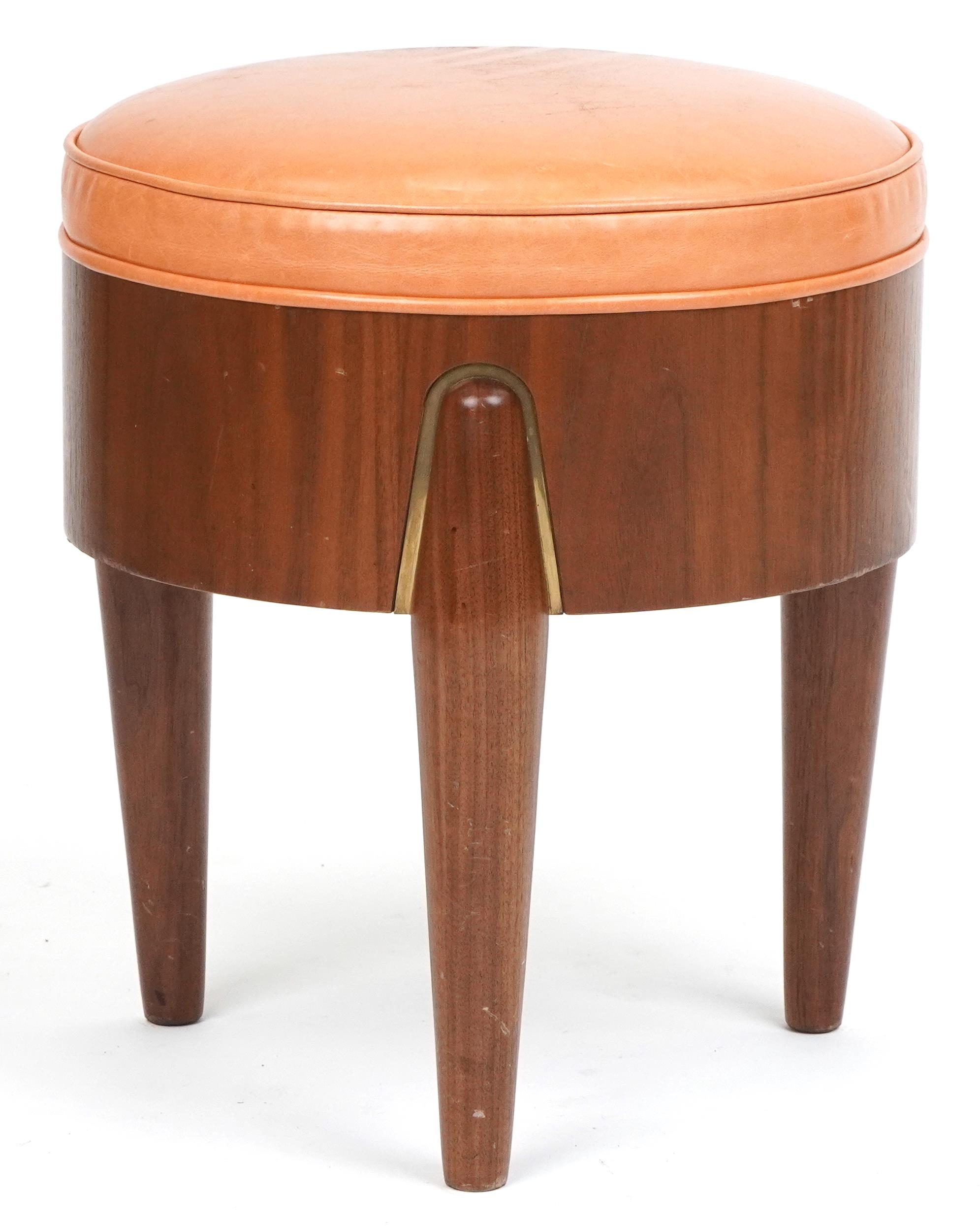 Scandinavian design hardwood three legged rocket stool with tan upholstered cushioned seat, 45cm H x