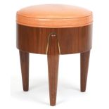 Scandinavian design hardwood three legged rocket stool with tan upholstered cushioned seat, 45cm H x